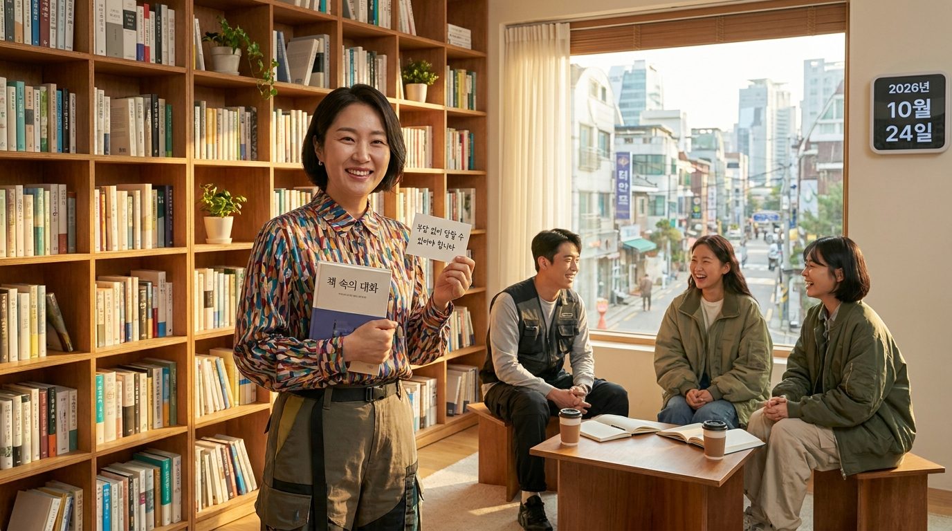 좋은 아이스브레이킹 질문의 조건을 나타내는 밝고 생기있는 한국 여성 모습, 책과 (부담 없이 답할 수 있어야 합니다)라는 문구가 적힌 카드 들고 있음