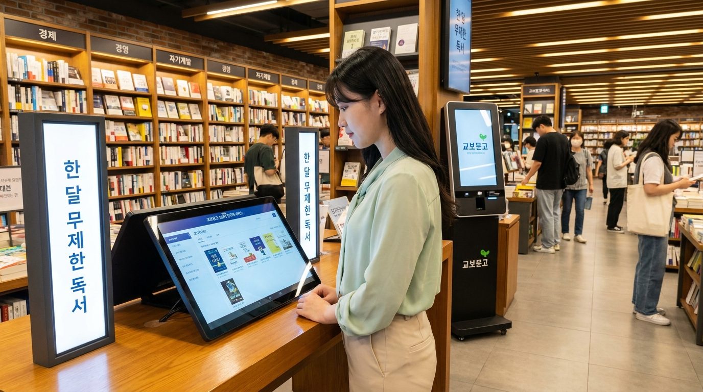 현대 대형 서점에서 전자책 서비스를 이용하는 한국 젊은 여성의 모습