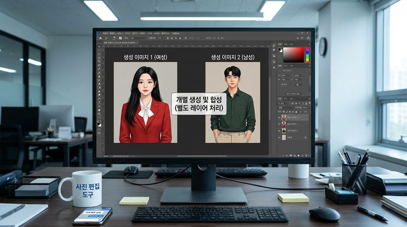 컴퓨터 화면에서 개별 생성된 두 인물의 초상화를 합성하는 이미지 편집 장면, 한국어 UI와 텍스트 포함된 워크스페이스