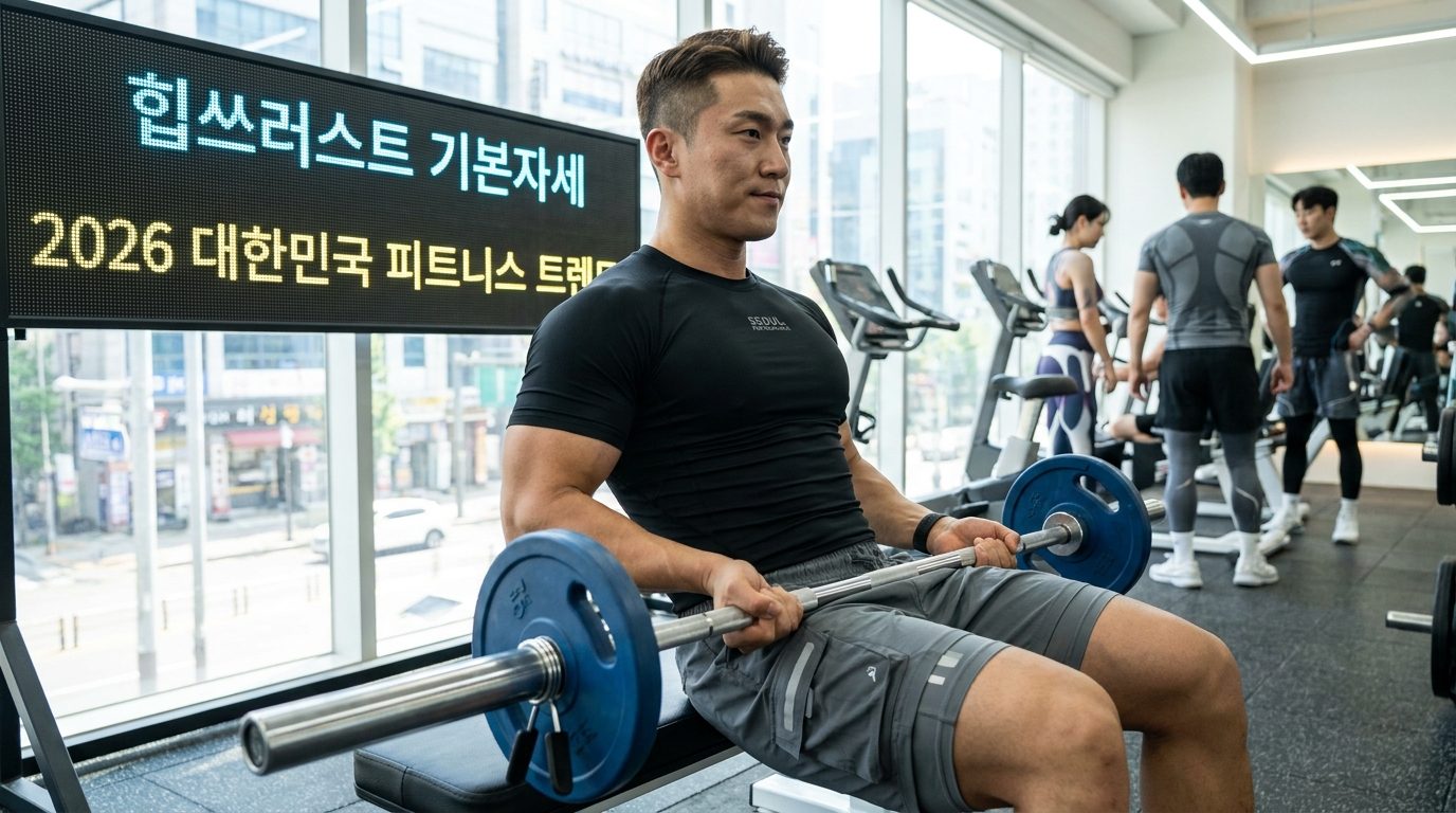 헬스장에서 힙쓰러스트 운동을 위해 벤치에 앉아 바벨을 든 한국인 남성의 모습