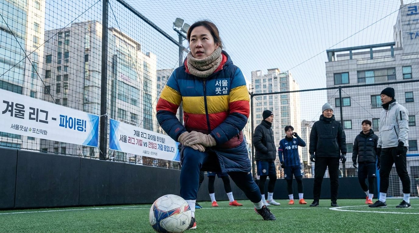 겨울 야외 풋살장에서 준비운동 중인 여성 선수의 모습, 밝고 활동적인 복장과 넥워머와 장갑 착용 모습