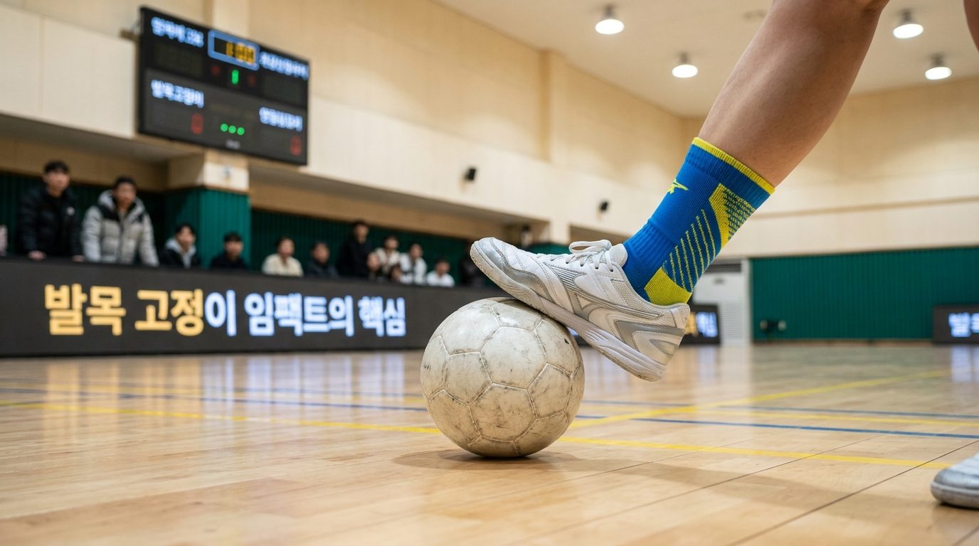 풋살 슈팅에서 임팩트 순간 발목 고정을 보여주는 한국 여성 선수의 발 클로즈업 사진