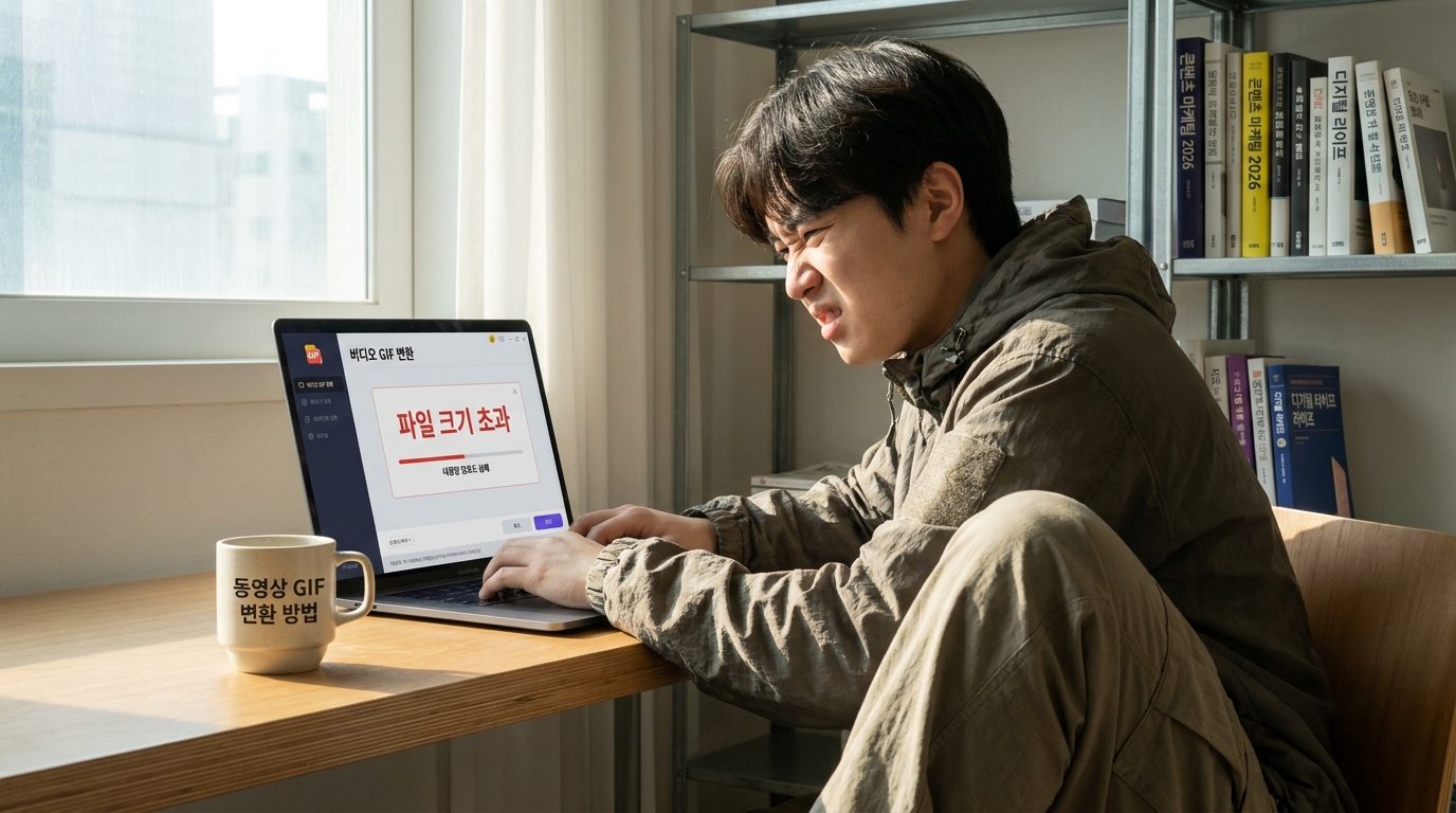 동영상 GIF 변환: 현대적인 한국의 집무실에서 노트북으로 GIF 파일 업로드 중 용량 문제로 고민하는 콘텐츠 크리에이터의 모습