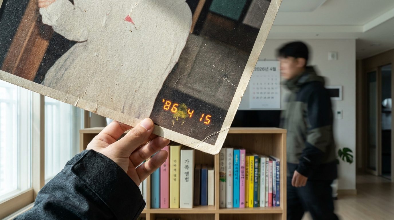 우측 하단에 노란색과 붉은색 날짜 각인이 찍힌 필름 사진 코너 클로즈업 이미지