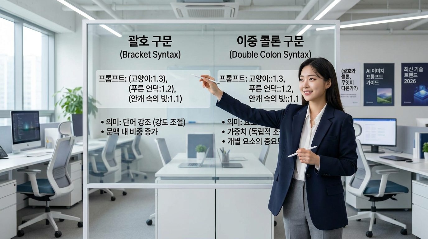 괄호 가중치 문법과 이중 콜론 문법 차이를 설명하는 현대적인 한국 사무실 장면