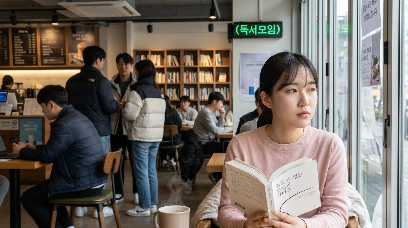 따뜻한 자연광 아래 아늑한 카페에서 책을 읽으며 깊이 생각에 잠긴 한국 여성의 클로즈업 사진