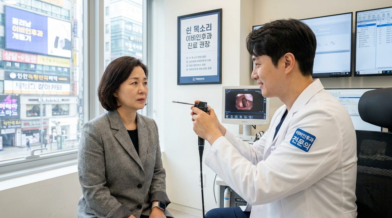현대적인 이비인후과 클리닉에서 진료 중인 한국 이비인후과 전문의와 환자 모습