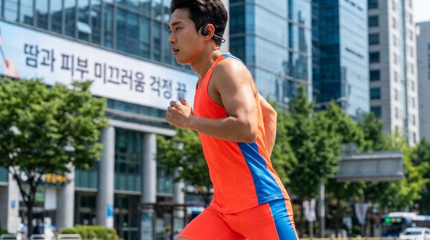 달리며 이어훅형 무선 이어폰을 안정적으로 착용한 한국 남성 러너의 모습