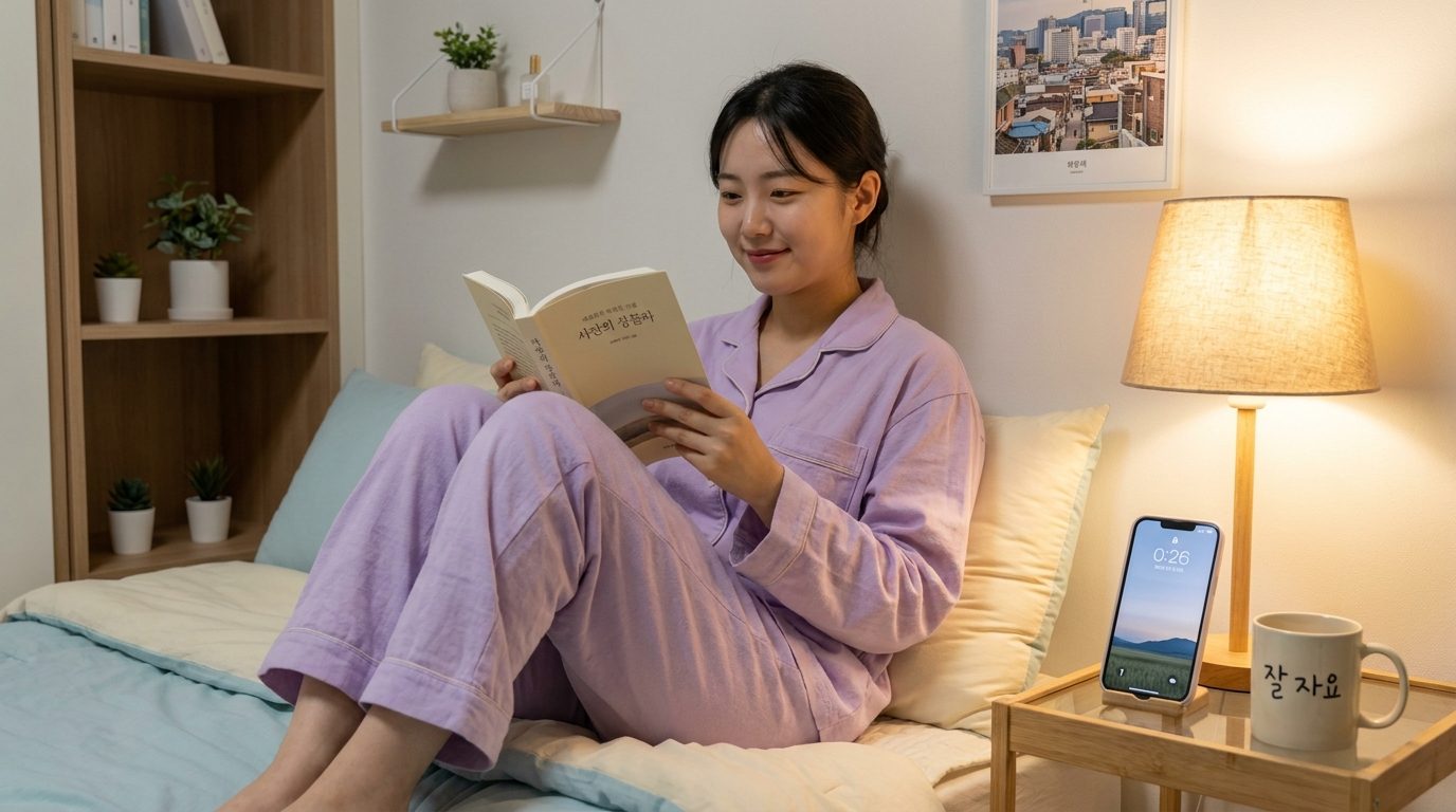 아늑한 침실에서 잠들기 전 책을 읽으며 편안한 표정을 짓는 여성