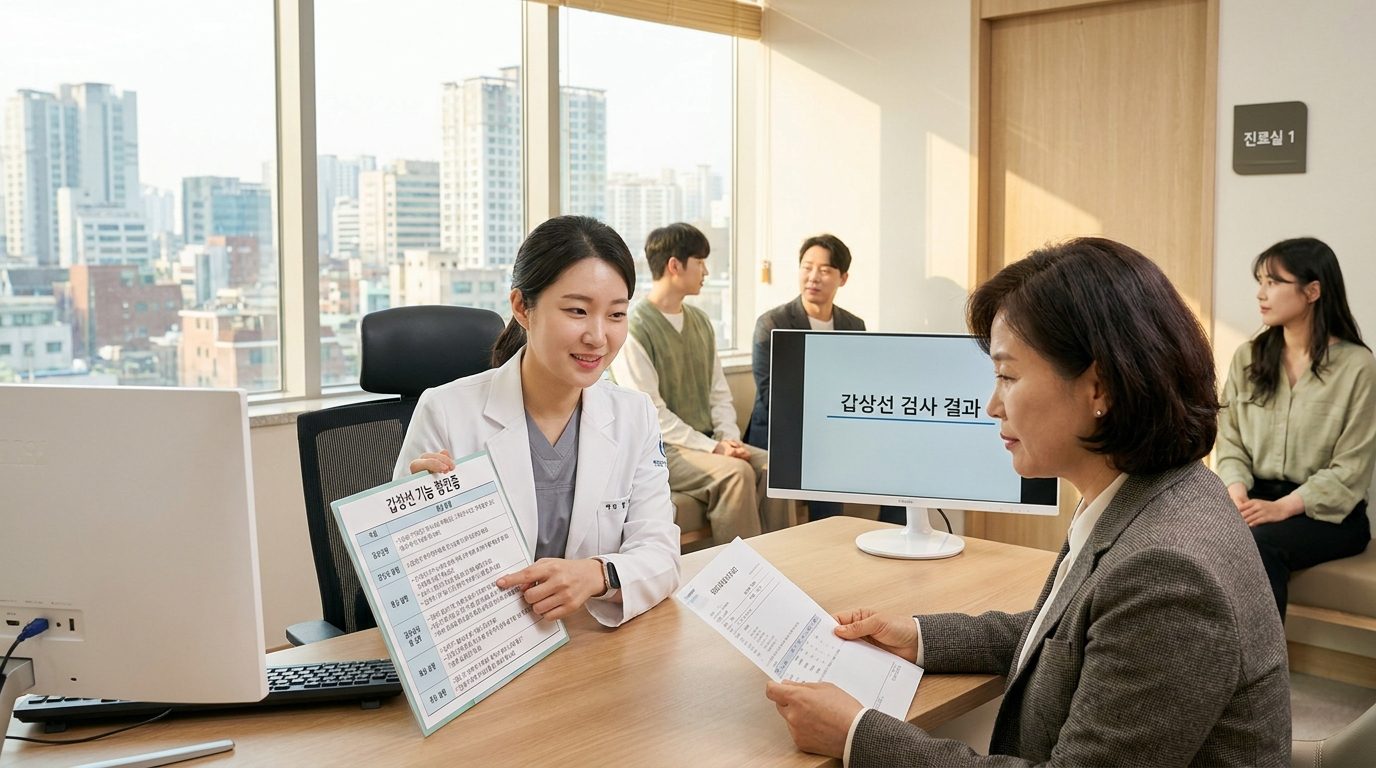 갑상선 기능 이상 증상에 대해 설명하는 한국 병원 의사와 상담 중인 환자