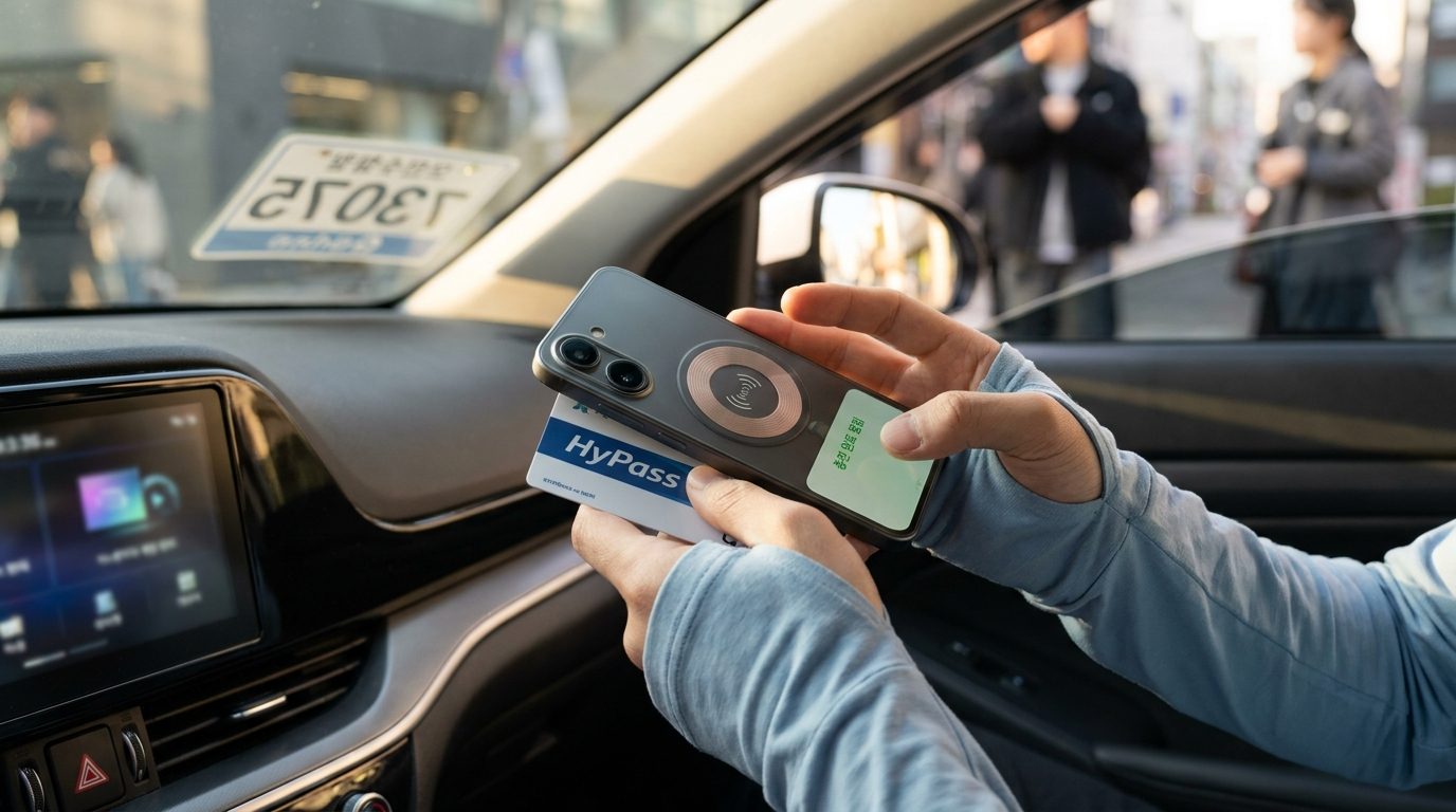스마트폰 NFC 안테나 근처에서 하이패스 카드를 태그해 충전 완료 알림이 뜬 화면을 보여주는 클로즈업 이미지