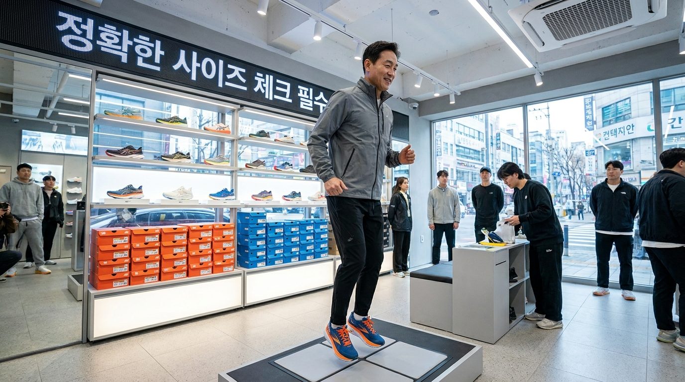 현대 한국 러닝 매장에서 러닝화를 신어보는 40~50대 남성, 매장 안에 한글 안내 문구가 보이는 장면