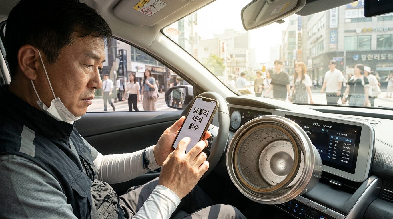 차 안에서 텀블러 습기와 고무패킹 분리 안 한 상태로 방치하는 한국 남성