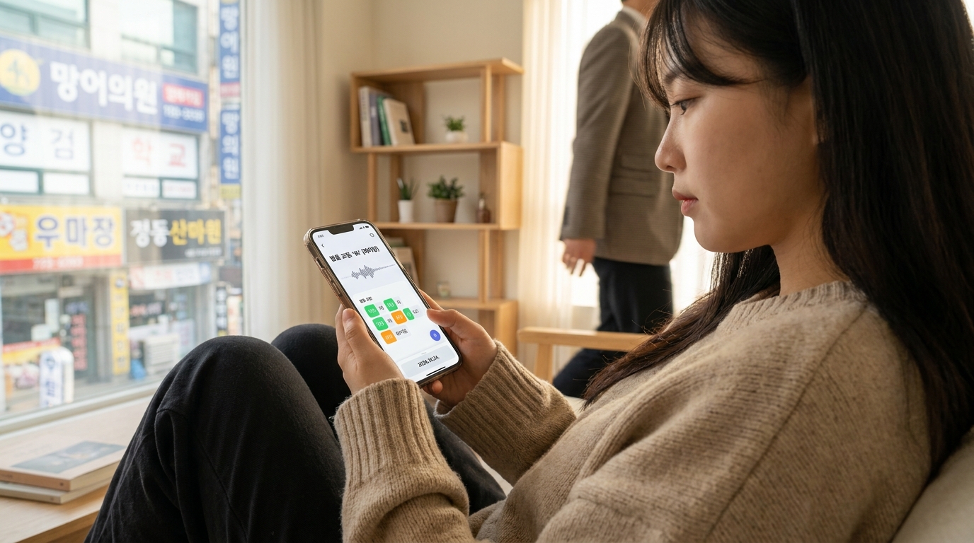 AI 발음 교정 앱을 사용하는 젊은 한국 여성의 실사 이미지로, 스마트폰 화면에 한국어로 된 발음 피드백이 나타나고 있다.