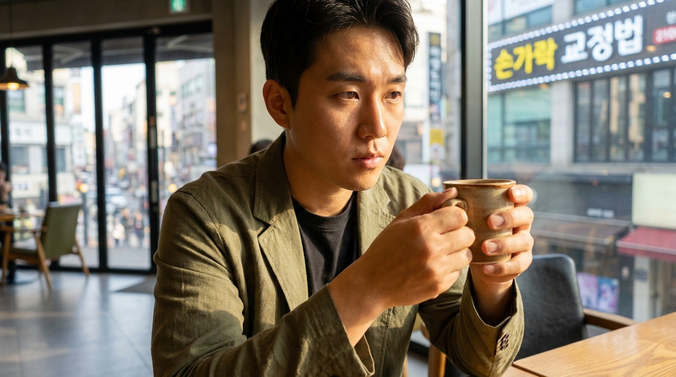 손가락 해부학이 정확하게 표현된 커피를 들고 있는 한국 젊은 남성의 클로즈업 이미지