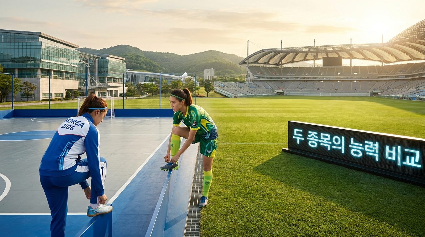 풋살과 11인조 축구 능력을 비교하는 여성 선수 두 명