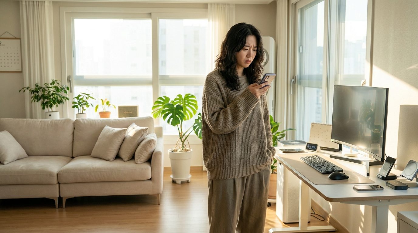 안전 모드가 표시된 스마트폰을 보는 젊은 한국인 모습