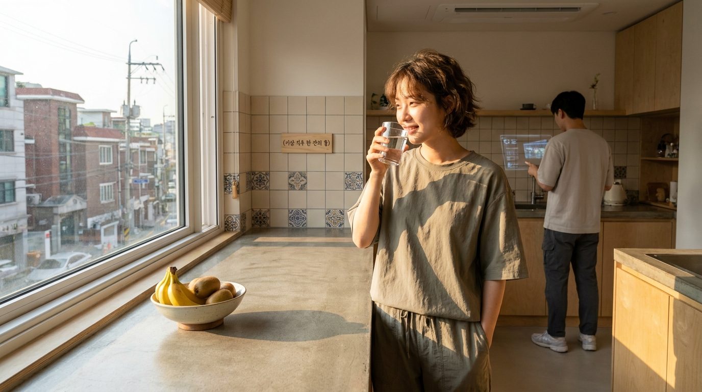 현대 한국 주방에서 아침에 물 한 잔을 마시는 젊은 한국 여성의 고화질 실사 이미지