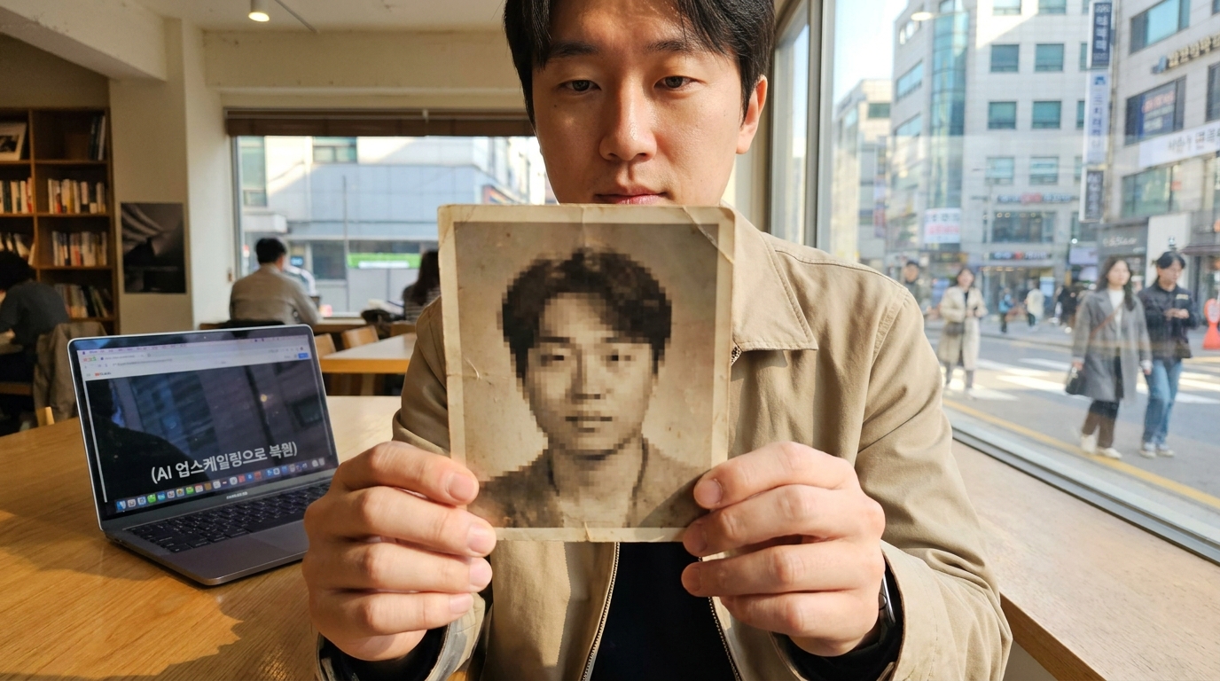 흐릿한 옛날 사진을 들고 고민하는 사람의 고화질 실사 이미지