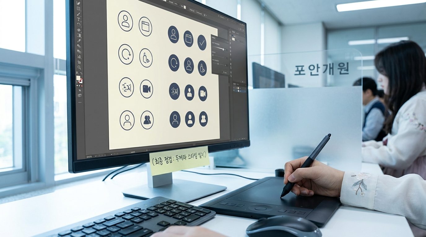 한국 사무실에서 벡터 편집으로 픽토그램 두께를 조정하는 모습 화면 근접 촬영