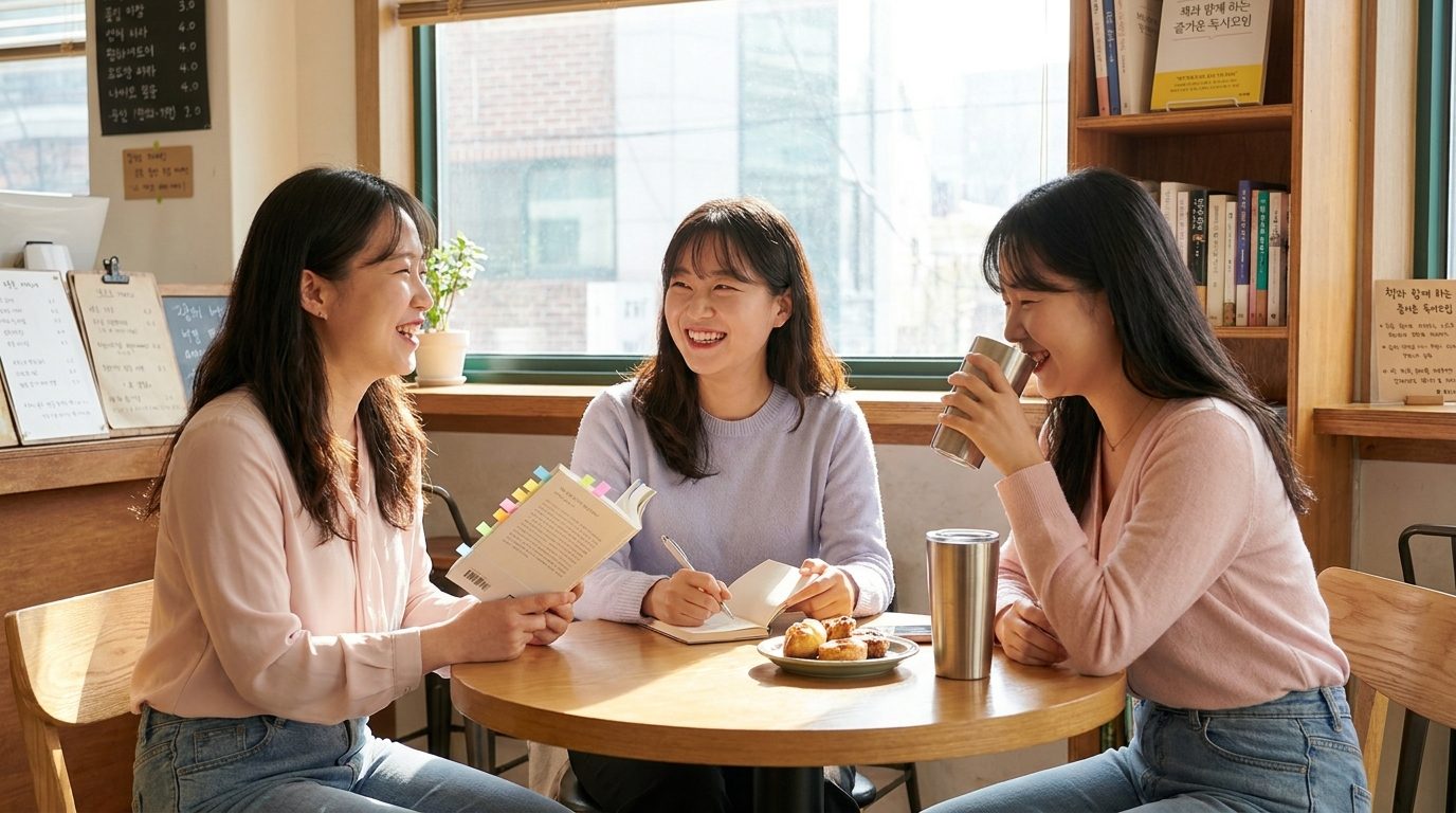 카페에서 즐겁게 독서모임 대화를 나누는 한국 여성 세 명의 자연스러운 모습.
