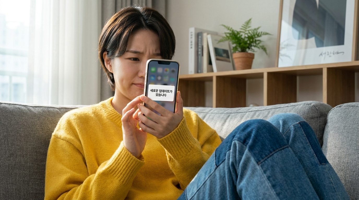 스마트폰 소프트웨어 업데이트: 현대적인 대한민국 가정에서 스마트폰에 '새로운 업데이트가 있습니다' 알림을 확인하는 모습