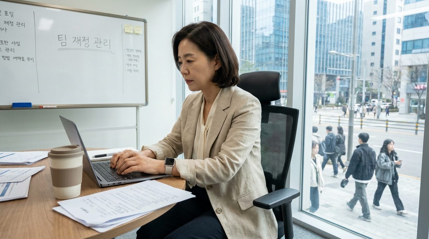 풋살팀 스폰서: 여성 팀 관리자가 사무실에서 팀 재정과 협찬 계획을 준비하는 모습