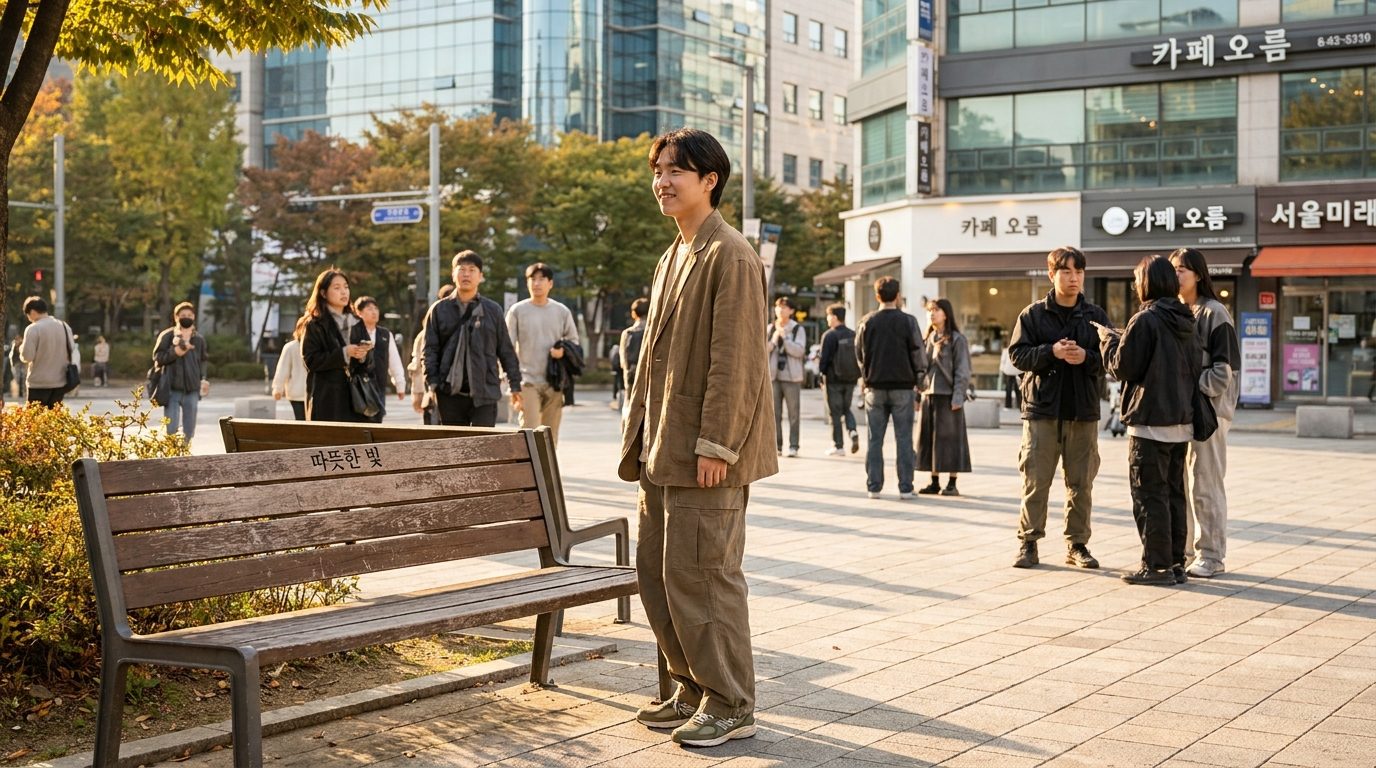 AI 조명 프롬프트: 골든아워 시간대 한국 도시 공원에서 따뜻한 빛을 받으며 서 있는 한국인 인물의 고화질 실사 이미지
