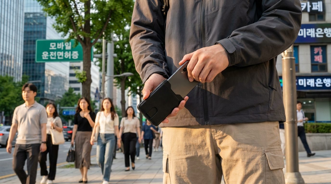 모바일 운전면허증 발급: 현대 한국 도시 배경에서 젊은 한국인이 얇은 지갑에서 스마트폰을 꺼내는 모습