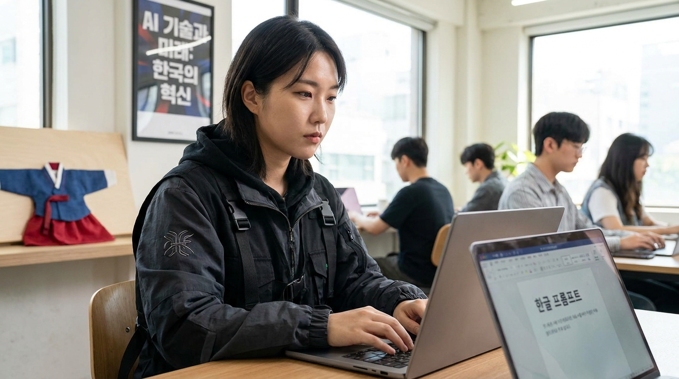 현대적인 한국 크리에이터가 노트북으로 한글 프롬프트를 입력하는 모습의 고화질 실사 이미지