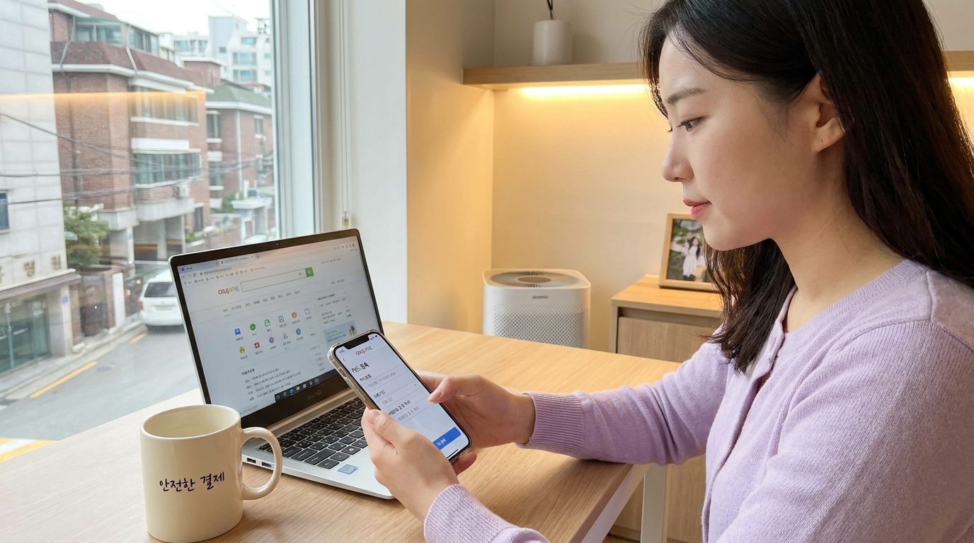 쿠팡 앱 결제 카드 등록 화면을 보고 있는 한국인 여성, 현대적이고 깔끔한 홈오피스 배경