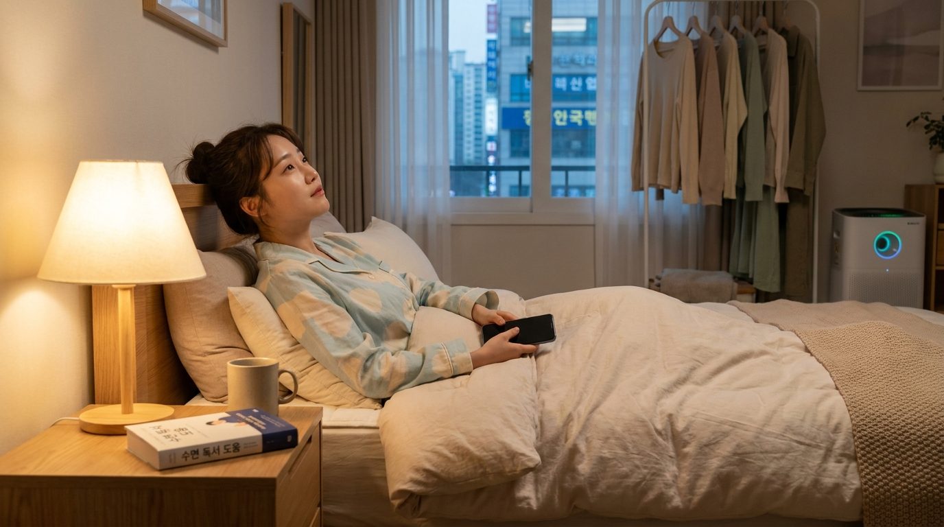 수면 독서: 침대에 누워 스마트폰을 놓고 생각에 잠긴 한국 여성의 평온한 밤 모습