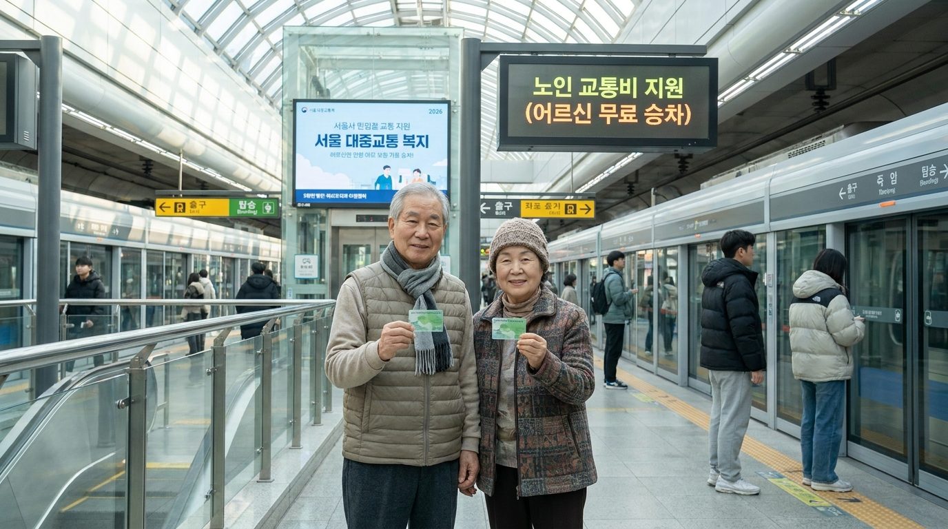 현대적인 서울 지하철역에서 교통카드를 들고 환하게 웃는 한국인 노부부의 고화질 실사 이미지