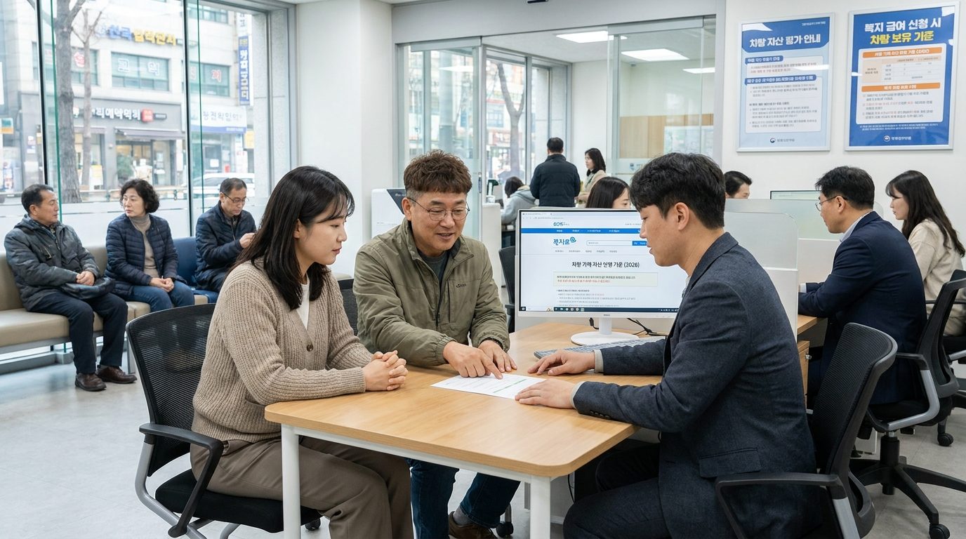 기초생활수급자 자동차 기준: 서울의 주민센터에서 자동차 소유와 기초생활수급 신청 상담을 하는 중년 한국인 남성과 여성의 모습