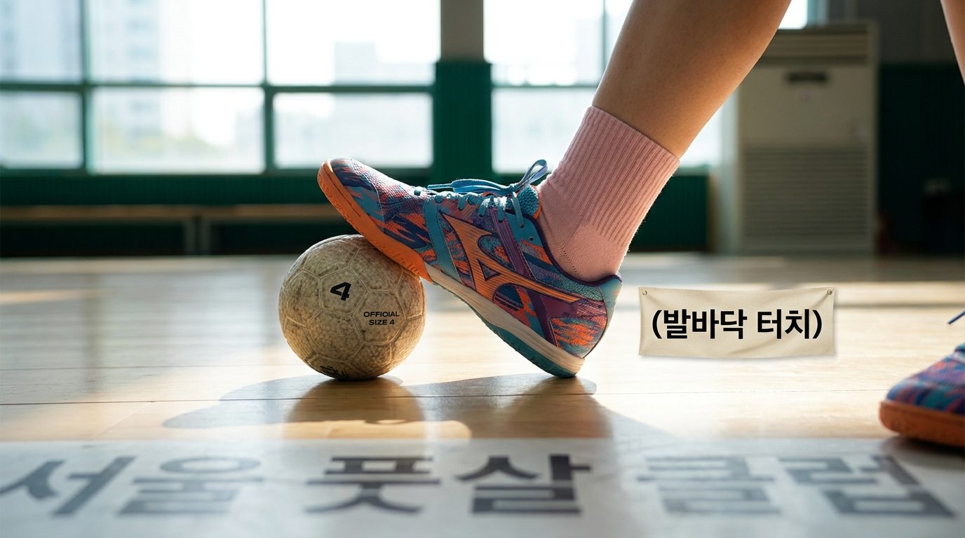 풋살 코트 바닥에서 발바닥과 공이 정확하게 닿는 순간을 클로즈업으로 보여주는 한국 여성 선수의 발과 풋살공, 근처에 (발바닥 터치) 한글 현수막이 있음