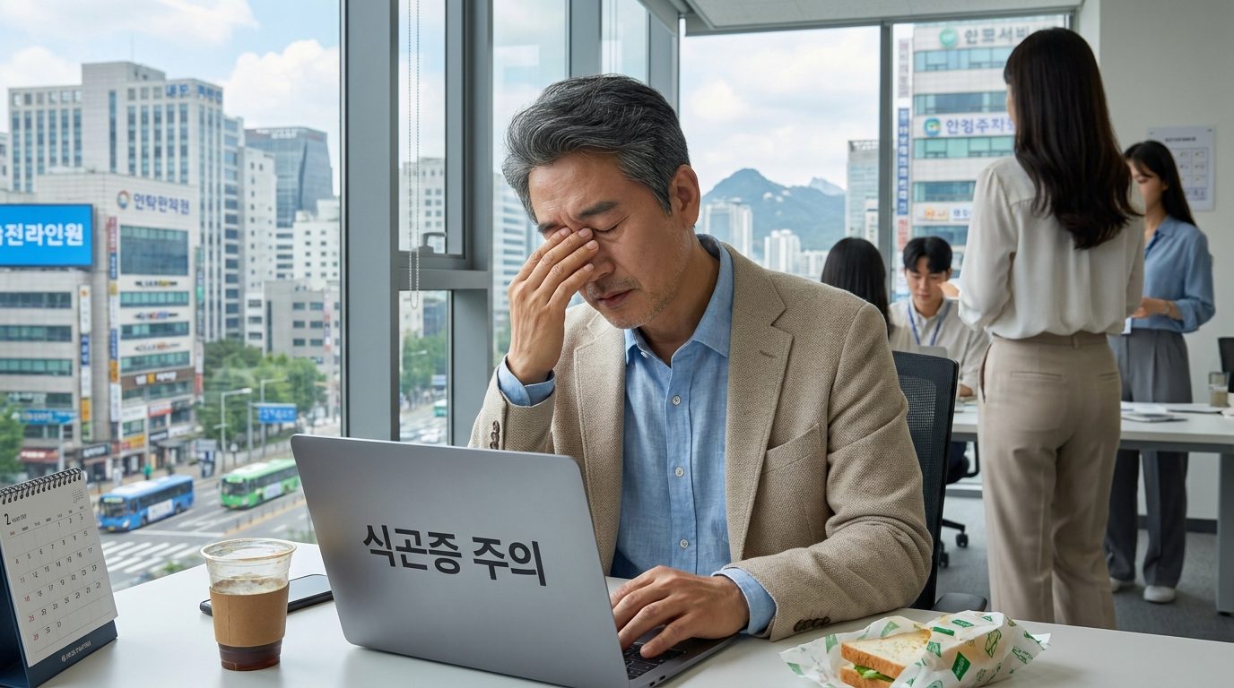 점심 식사 후 졸음을 느끼는 중년 한국인 남성이 사무실에서 스마트 캐주얼 옷차림으로 책상에 앉아 있는 모습