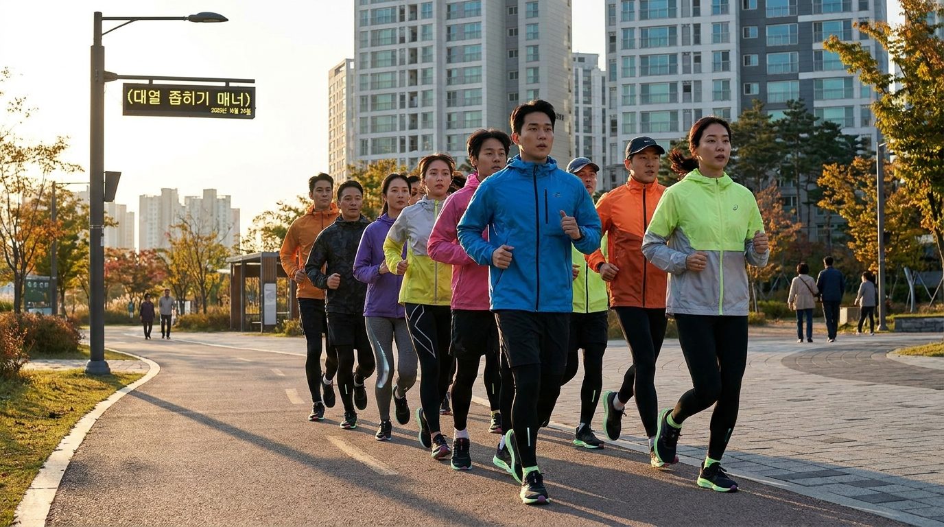 공원 길에서 두 줄로 뛰며 단체 러닝 매너를 지키는 한국 러닝크루