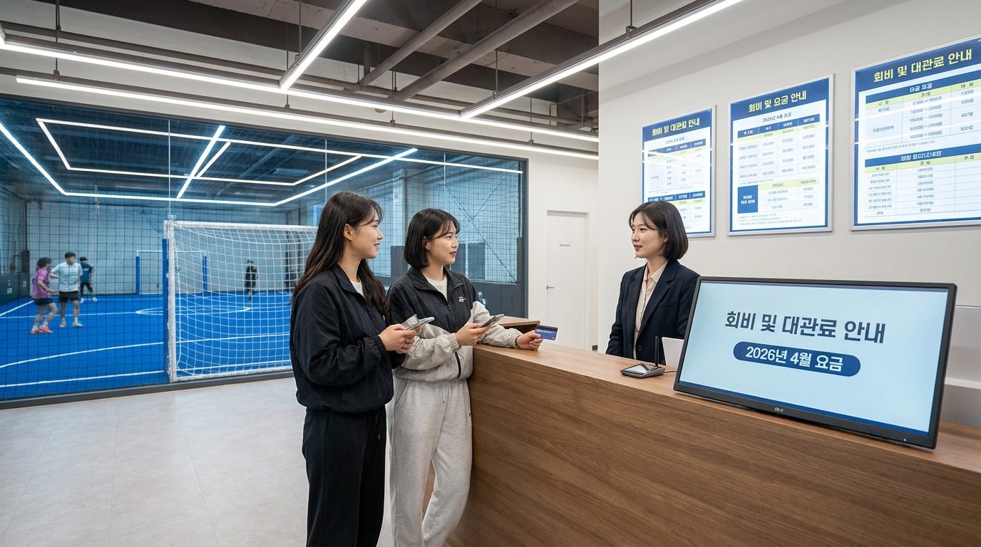 현대적인 실내 풋살 구장에서 스포츠웨어를 입은 한국 여성들과 친절한 여성 매니저가 회비 및 대관료 안내를 논의하는 장면