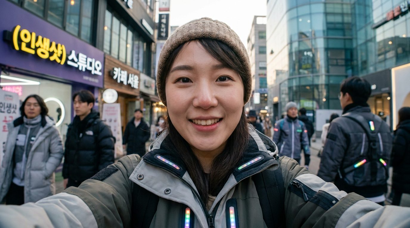 스마트폰 셀카 촬영 시 얼굴이 위아래로 길게 늘어나고 코가 커 보이는 현상을 보여주는 젊은 한국인 여성의 근접 사진