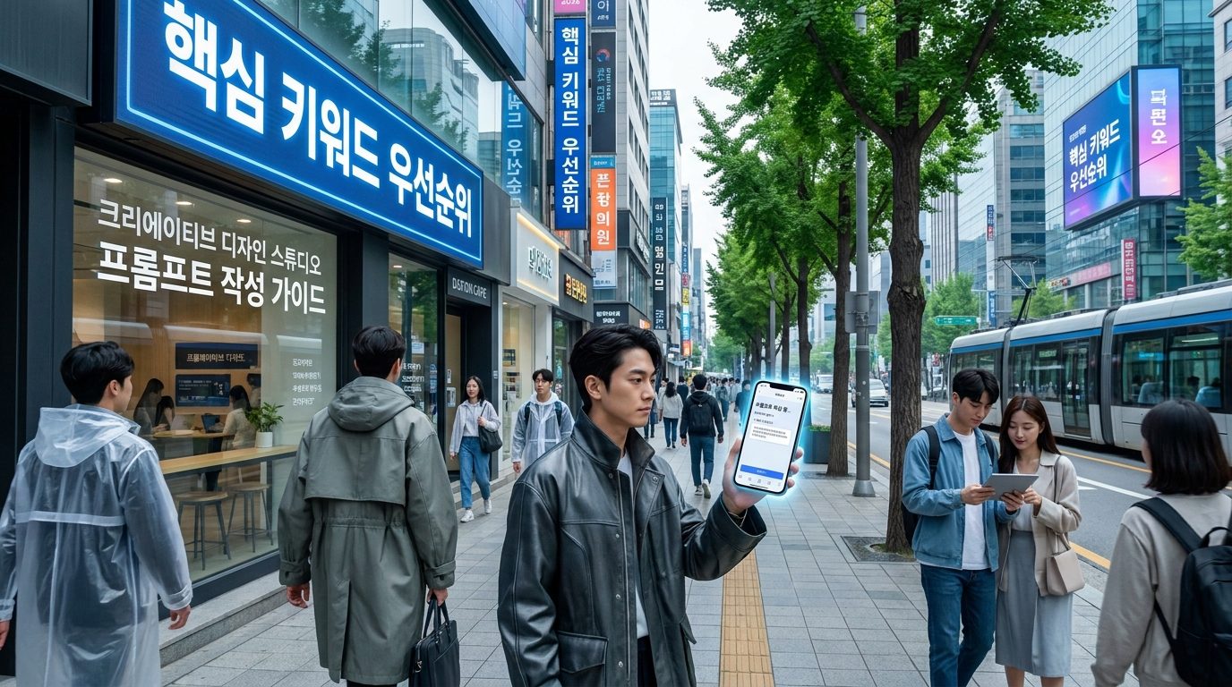 핵심 키워드 우선순위를 알리는 대형 플래카드가 걸린 현대적 대한민국 도시 거리 풍경