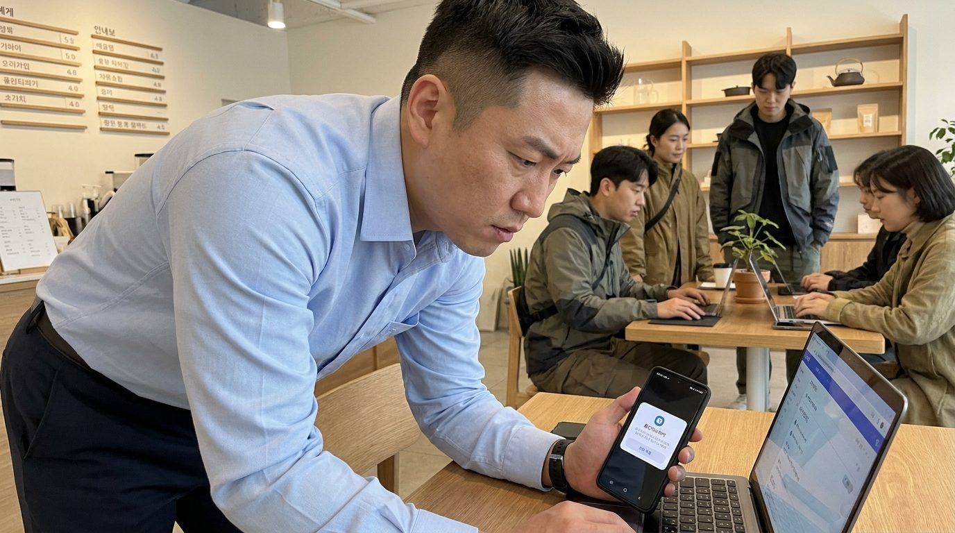 권한 허용하는 한국 남성의 스마트폰 화면과 집중하는 표정