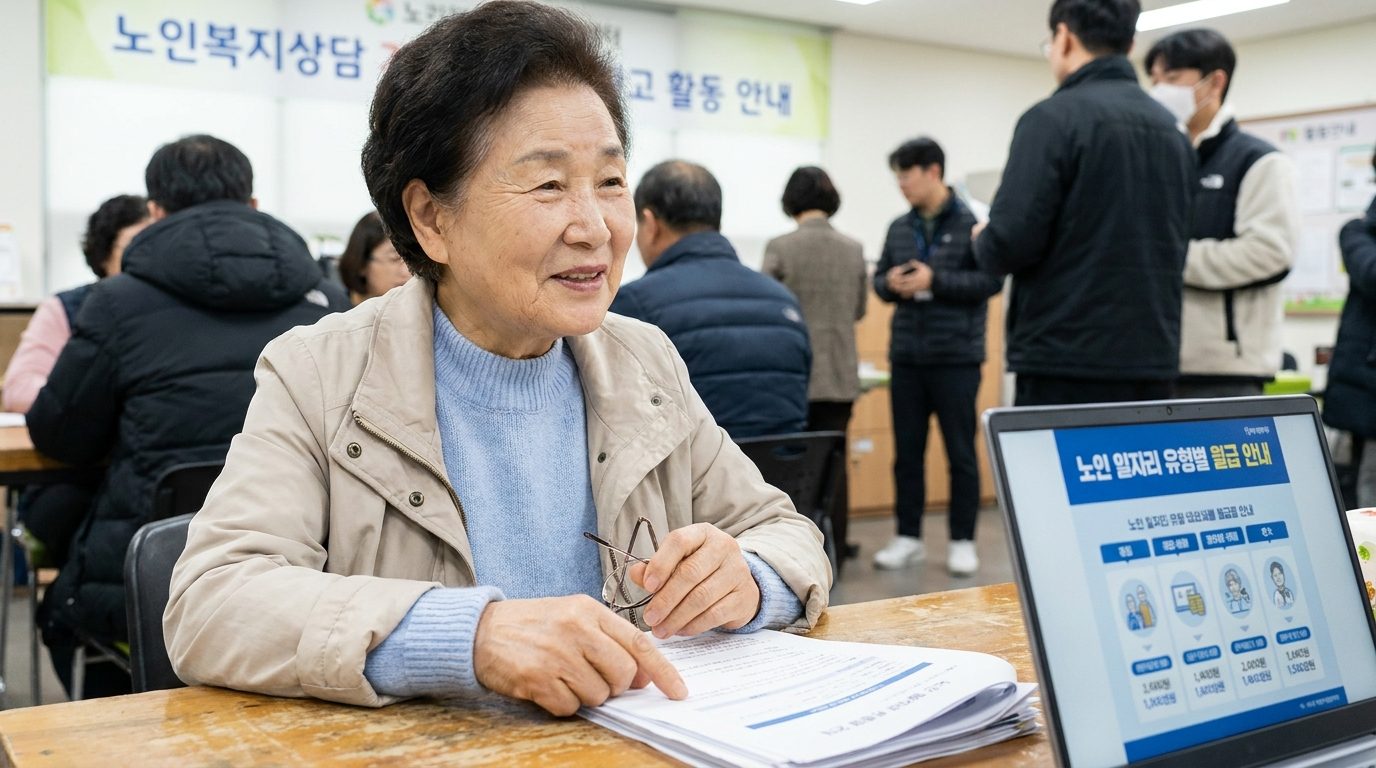 복지관에서 노인 일자리 임금 관련 서류를 확인하는 환한 표정의 노인 여성 클로즈업