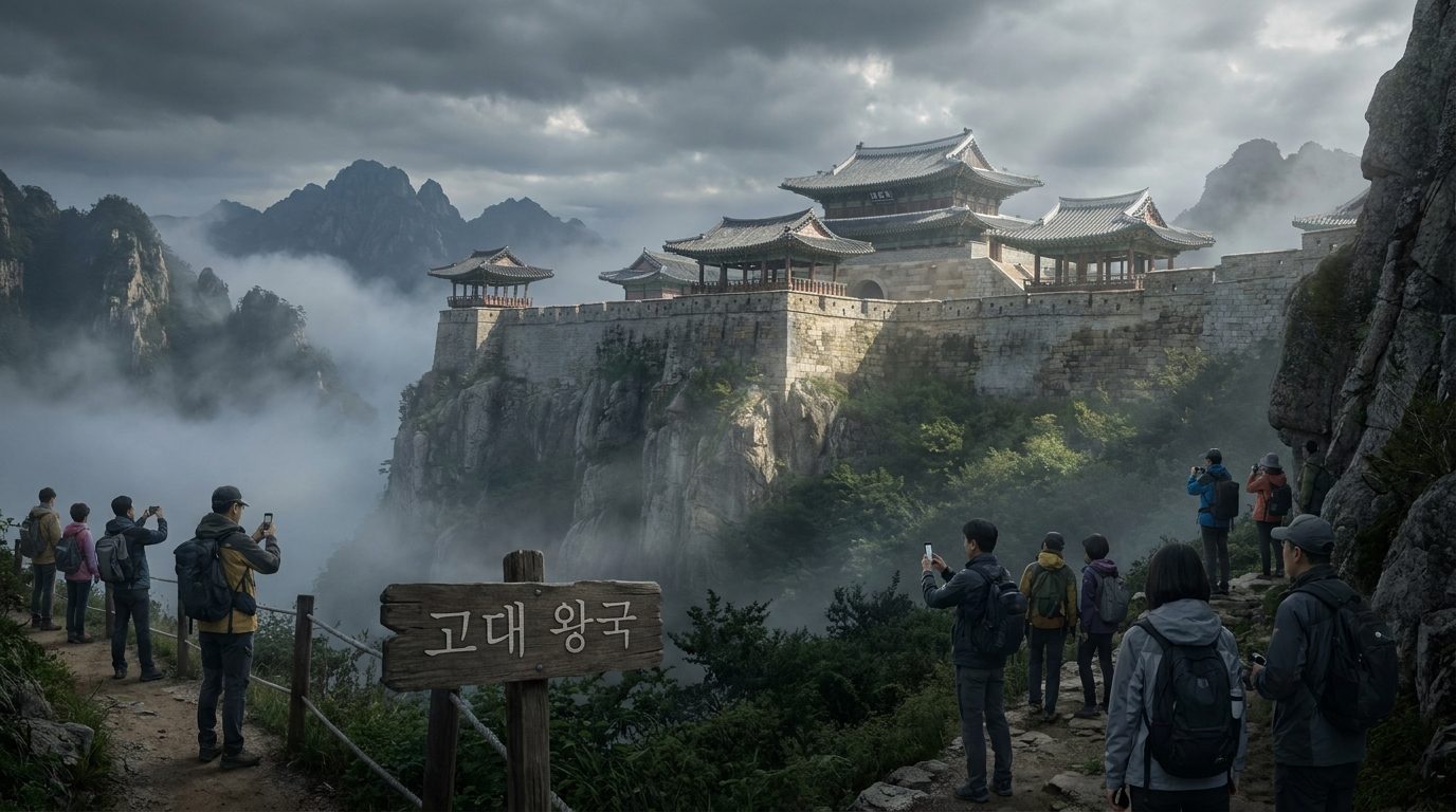 절벽 위에 자리한 고대 왕국의 웅장한 성채 전경
