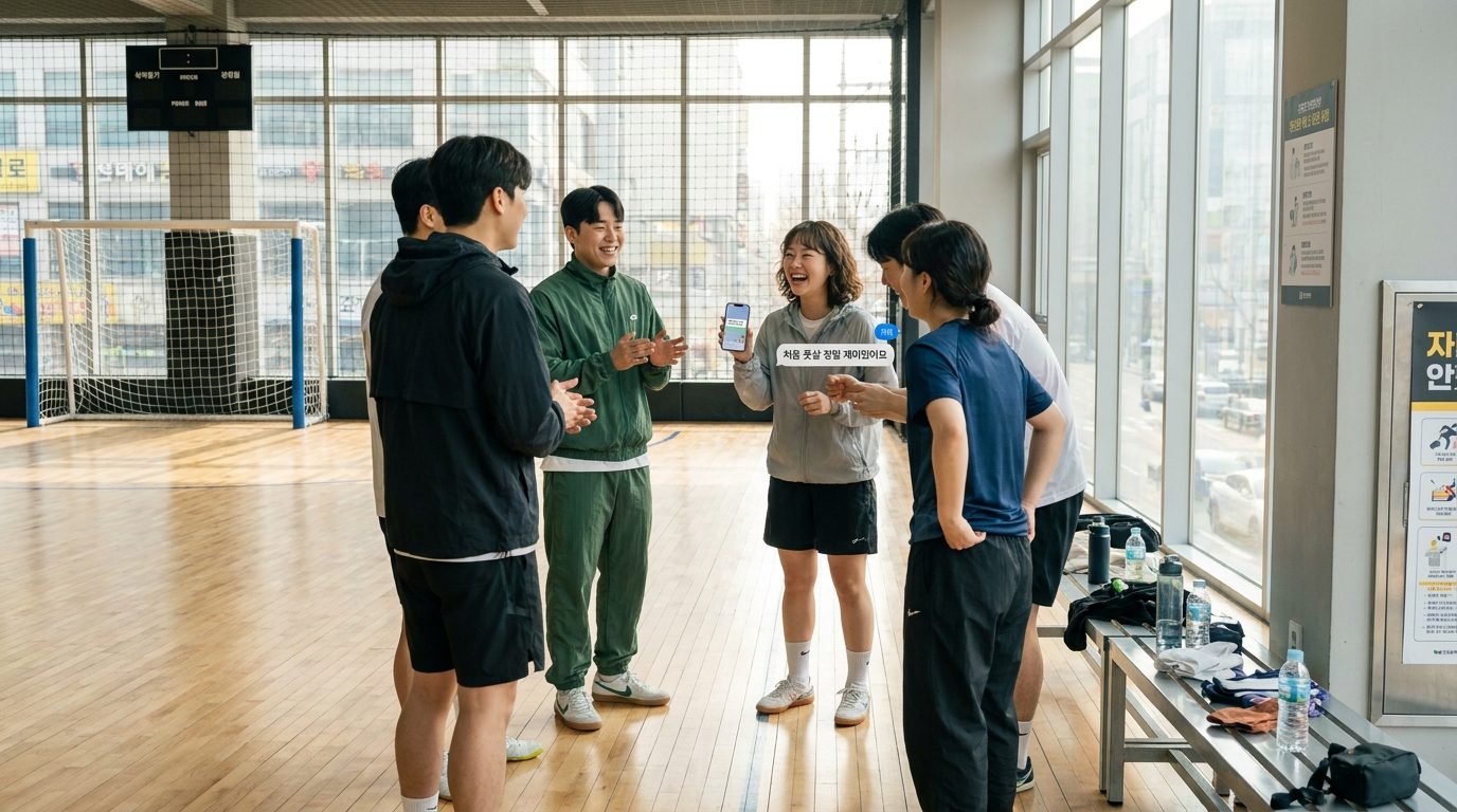 풋살장에서 휴식하며 웃으며 대화하는 한국 젊은이들, 핸드폰 화면에 한글 문구가 보이는 모습