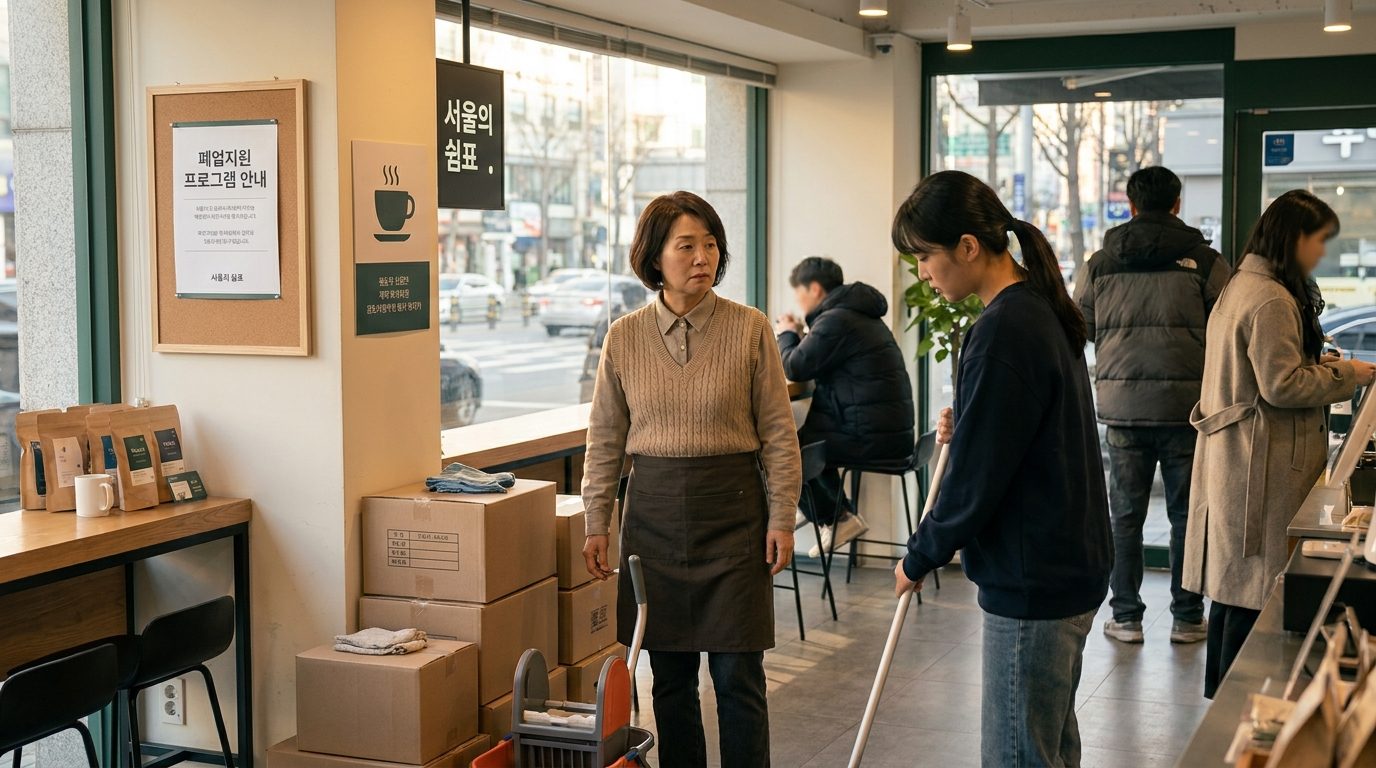 폐업 지원금: 폐업을 준비하는 대한민국 소상공인의 고민하는 모습과 깨끗한 내부 환경을 보여주는 이미지