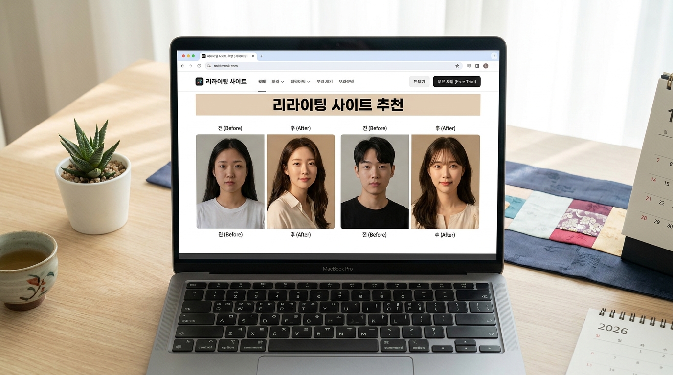 한국 웹사이트에서 AI 리라이팅 전후 인물 사진 비교 페이지 화면