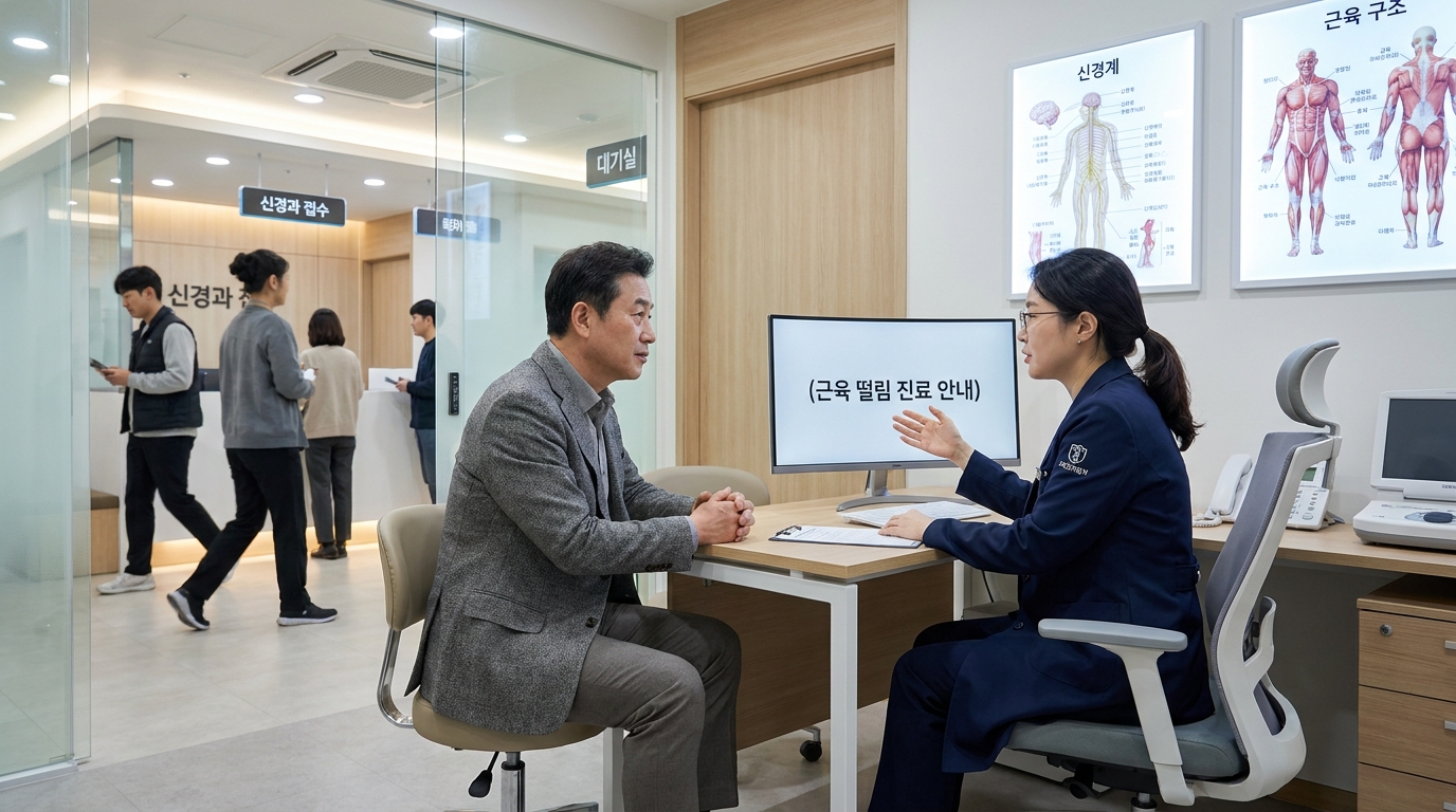 현대 한국 신경과 병원에서 근육 떨림 증상 상담하는 중년 한국인 환자와 의사 모습