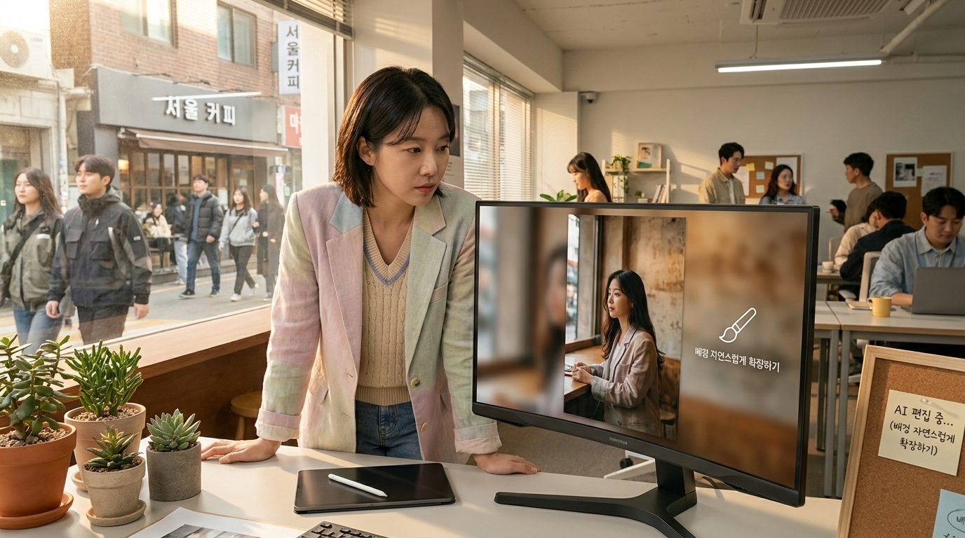 AI 아웃페인팅으로 세로 사진 배경을 자연스럽게 확장하는 과정을 보여주는 사진 편집자의 작업 화면과 모습