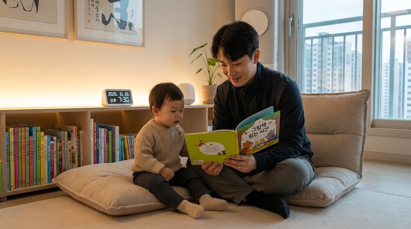 철학 동화 추천: 부모가 따뜻한 한국 가정 거실에서 아이에게 그림책을 읽어주는 모습