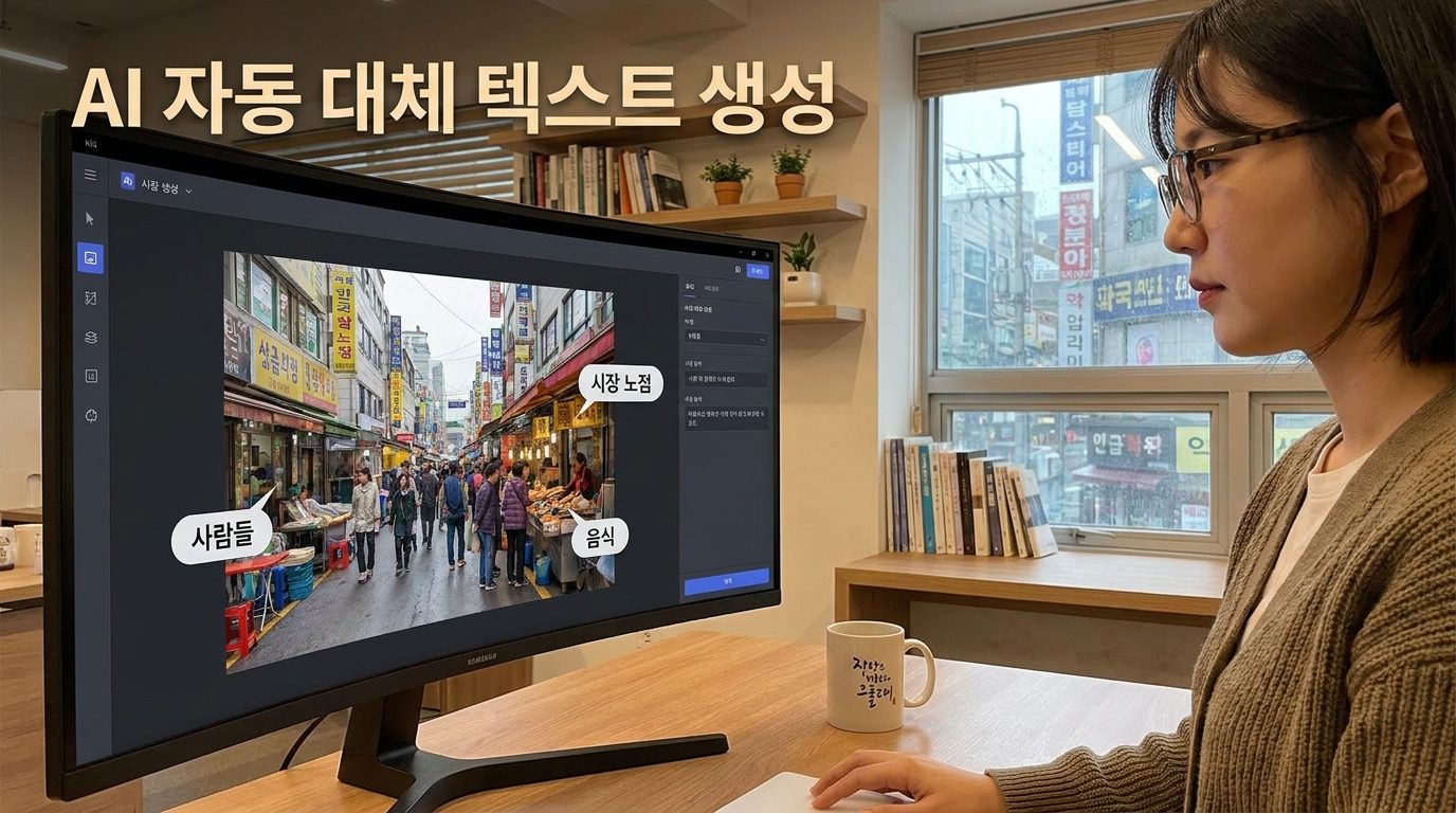 AI 자동 대체 텍스트 생성 화면과 작업 중인 한국인 웹 콘텐츠 전문가